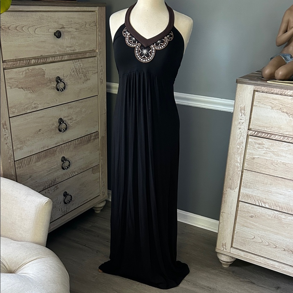 Tommy Bahama Black Halter Maxi Dress beaded embroidered boho size M medium
